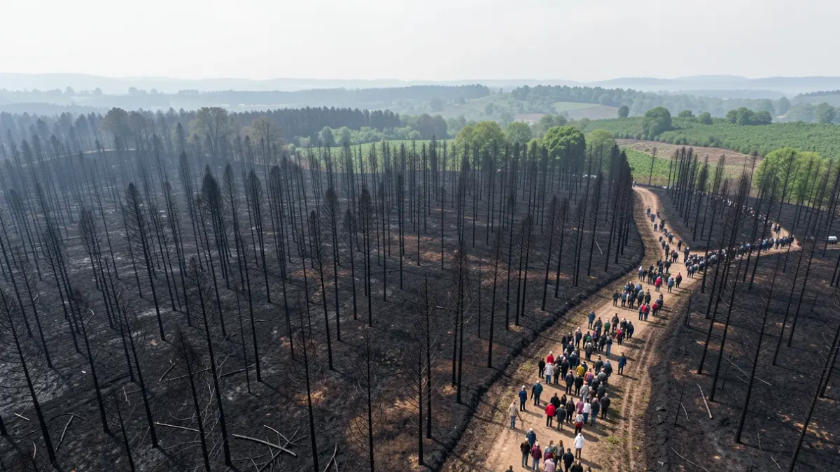 Imagen aérea de un incendio forestal en Galicia, con tierra quemada y árboles calcinados.