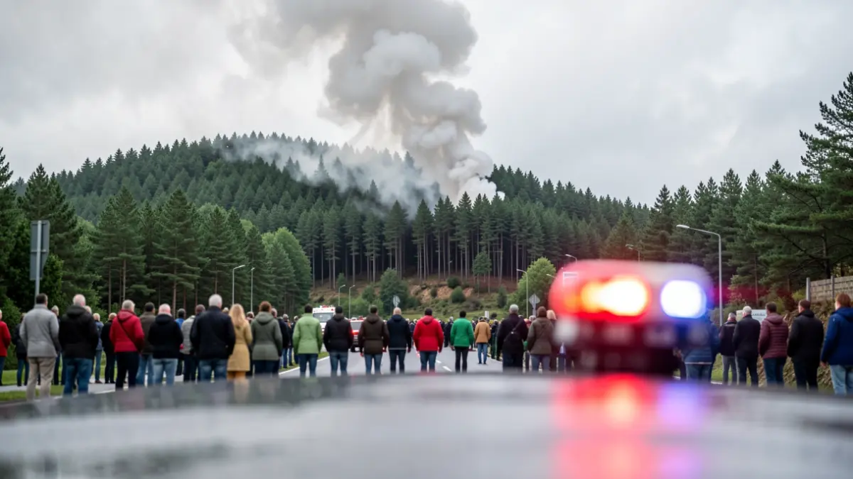 Imaxe xenérica de fume dun incendio forestal con luces de emerxencia.