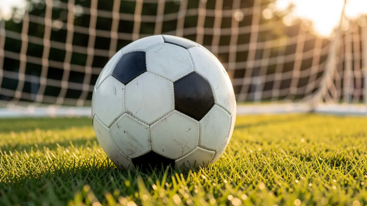 Imagen genérica de un balón de fútbol sobre césped con una red borrosa al fondo.