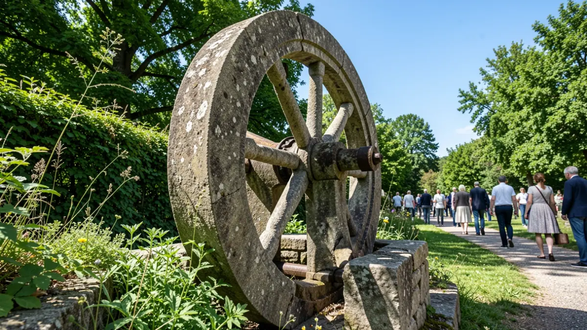 Imagen genérica de una rueda de molino de piedra en un parque.