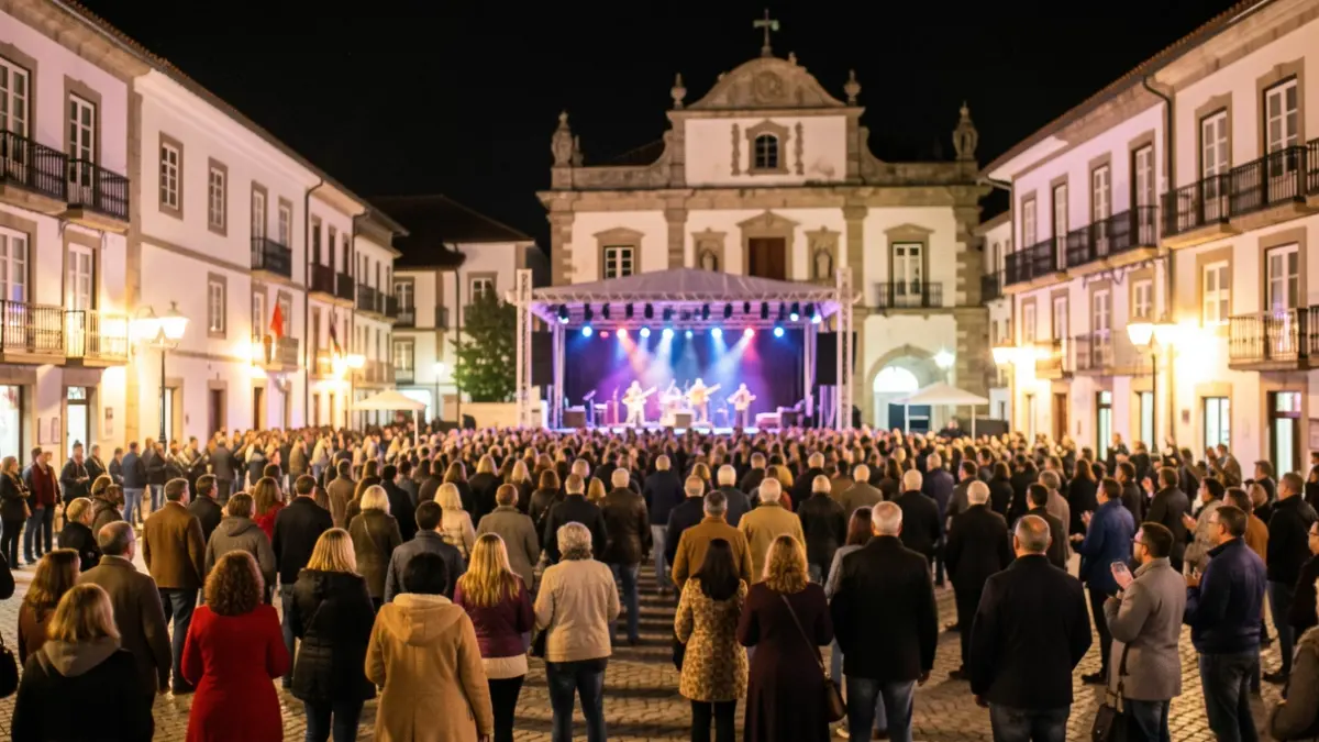 Imaxe xenérica dunha praza de Galicia pola noite con escenario e público.