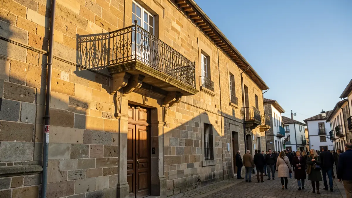 Imagen genérica de un ayuntamiento gallego tradicional con balcón de hierro, bajo la luz del sol de la tarde.
