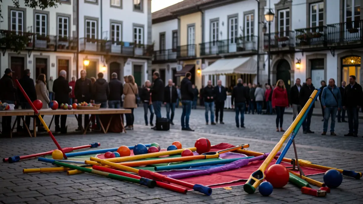 Imagen genérica de un escenario de circo al aire libre en una plaza pública gallega con elementos de circo y gente difuminada al fondo.