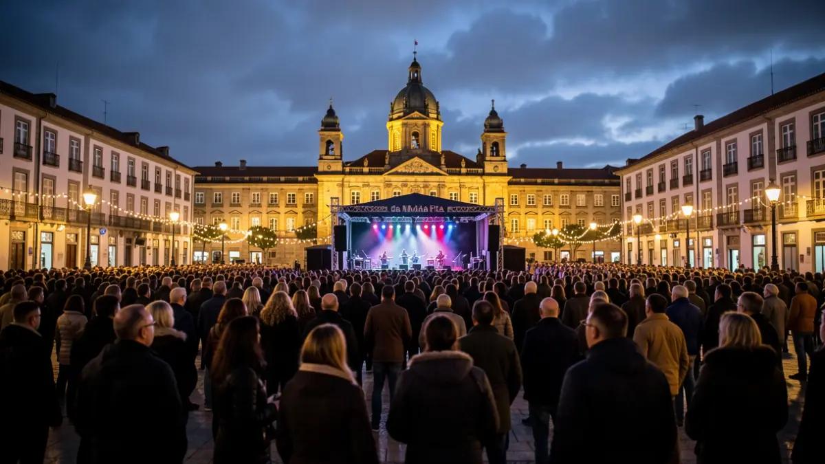Imagen genérica de concierto nocturno en la Plaza de María Pita, A Coruña, con gente y el Ayuntamiento iluminado.