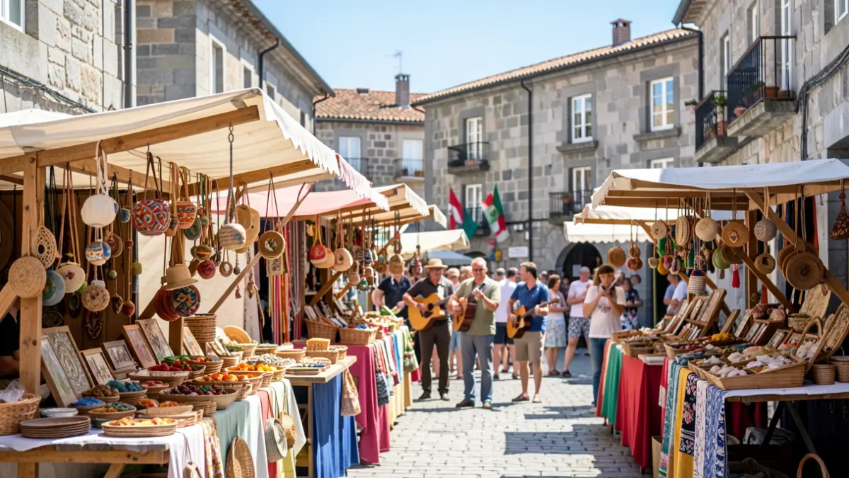 Imaxe xenérica dunha festa popular galega con postos de artesanía e música.