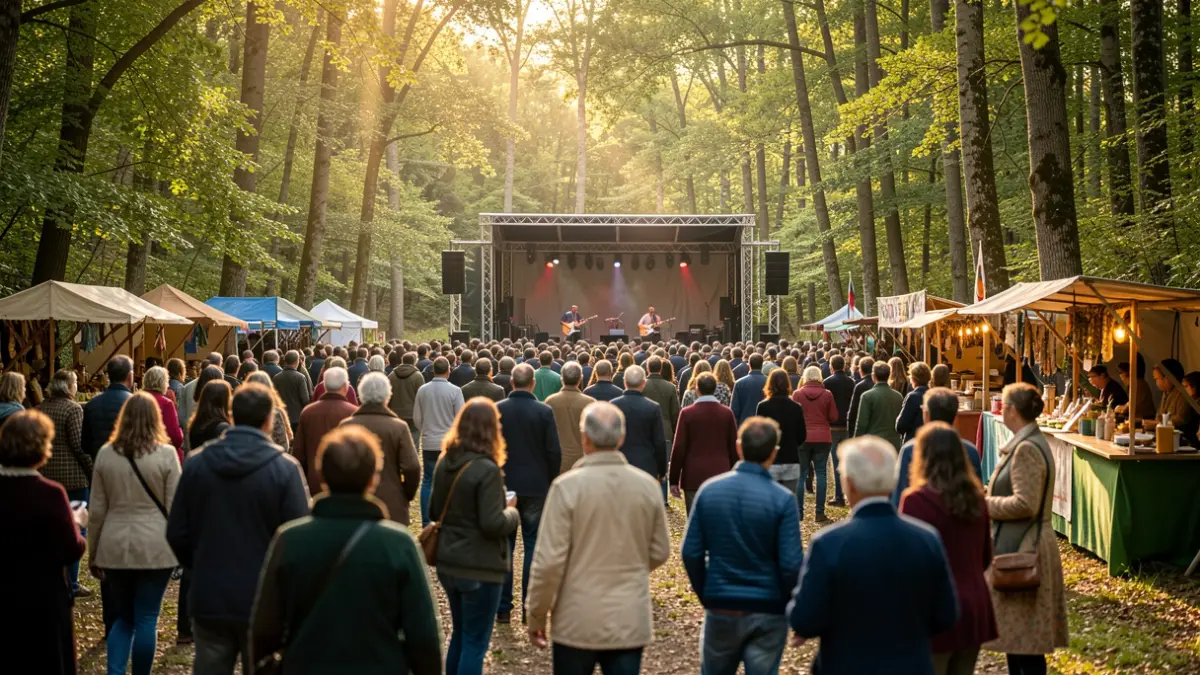 Imaxe xenérica dun festival ao aire libre nunha fraga galega con xente gozando da música e postos de artesanía.