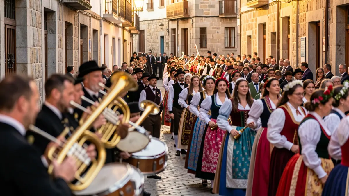 Imaxe xenérica dun festival de música e folclore en Celanova, con procesións e actuacións.