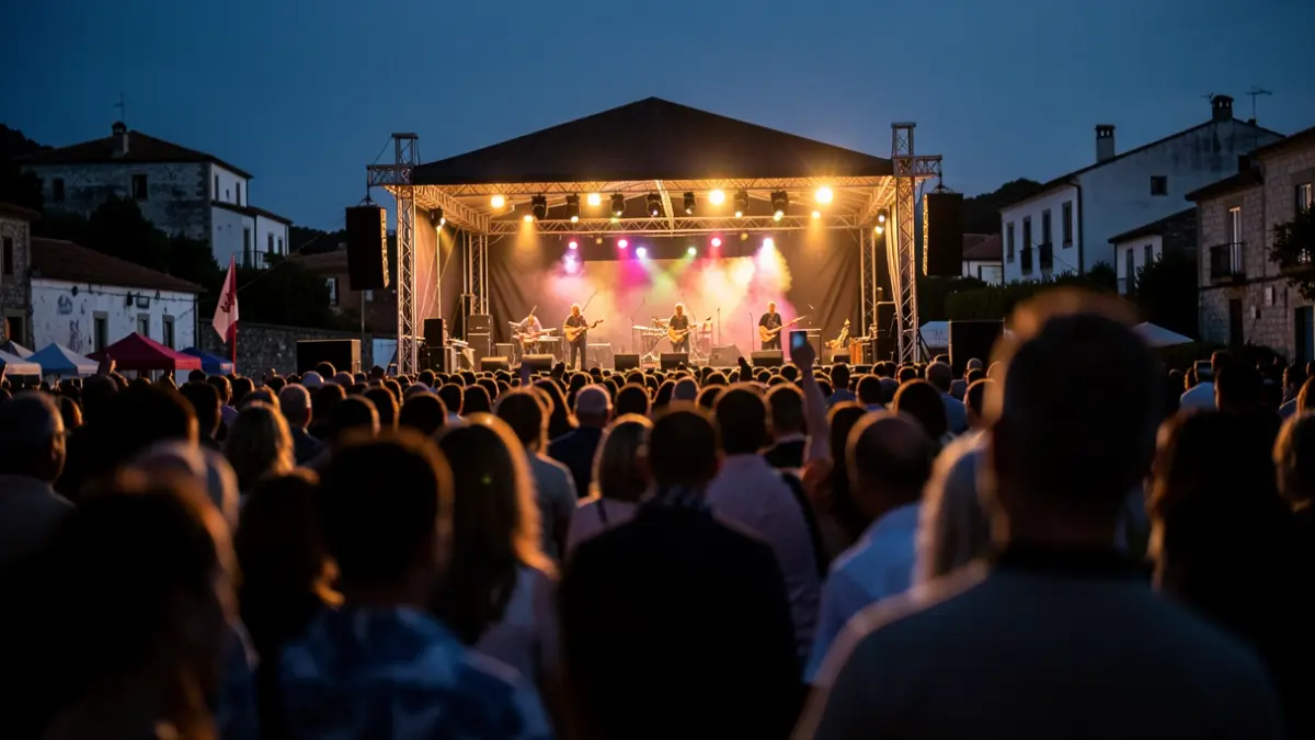 Imagen genérica de un festival de música al aire libre en Galicia por la noche, con público difuminado y luces del escenario.