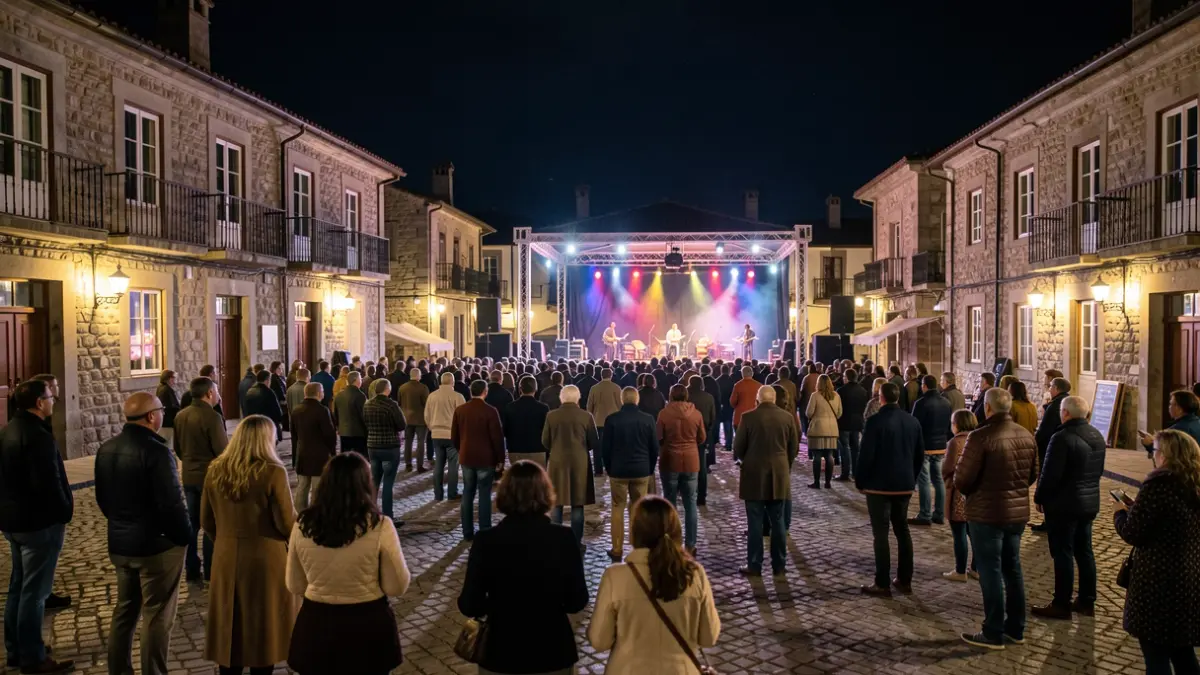 Imaxe xenérica dunha praza galega pola noite, preparada para un concerto.