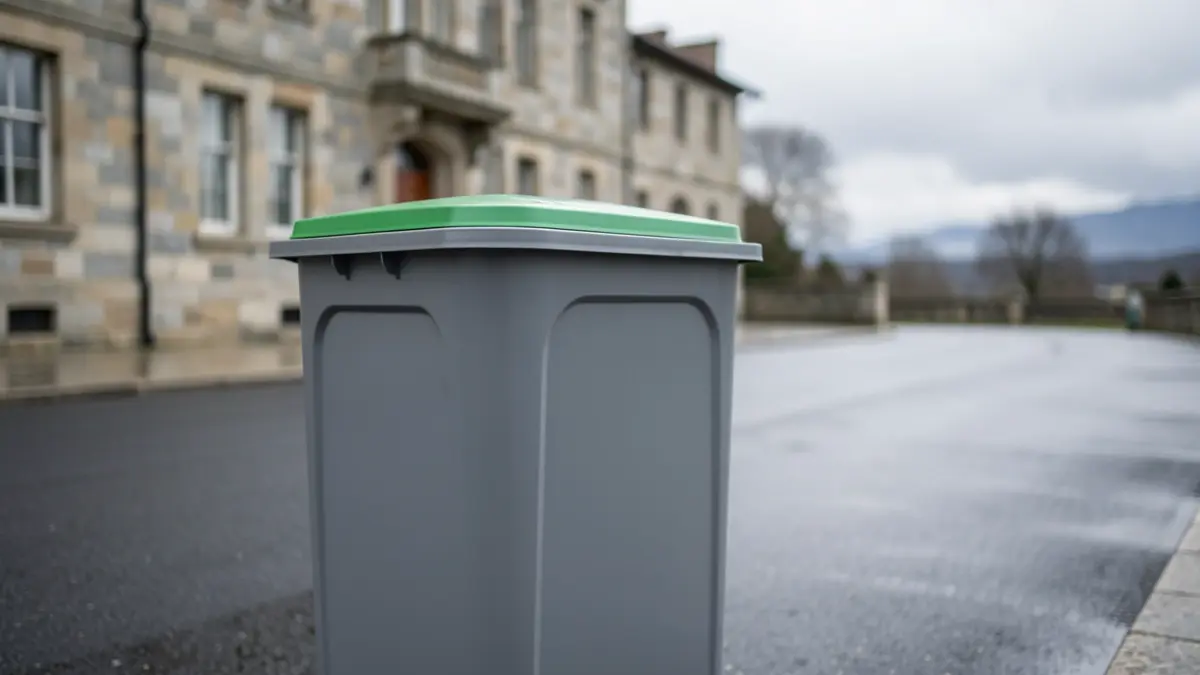 Imagen de un contenedor de basura nuevo con tapa verde sobre una superficie de asfalto mojado.
