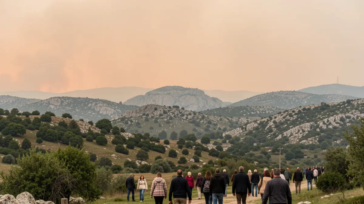 Cielo brumoso sobre un paisaje gallego con colinas de granito y vegetación verde, con un sutil tinte anaranjado que sugiere humo de incendios forestales.