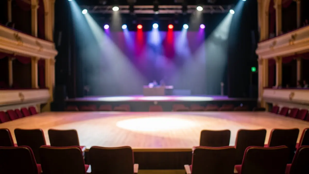 Imagen genérica de un escenario vacío con iluminación artística, preparado para una actuación de danza.