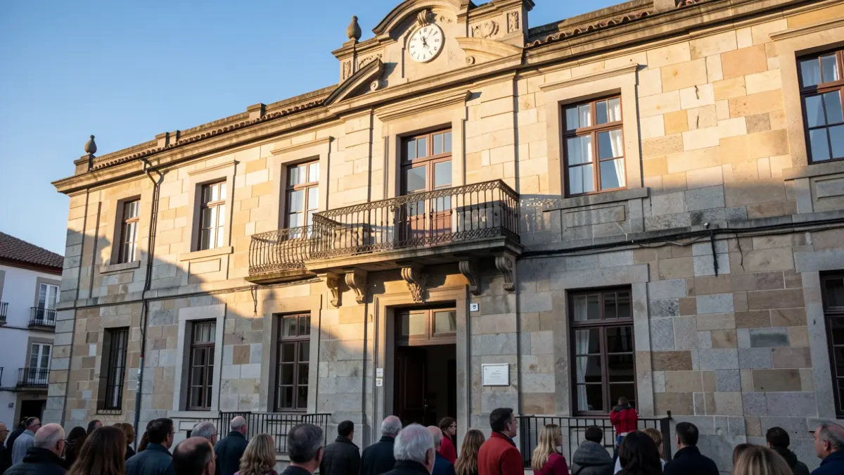 Imaxe xenérica dun concello galego de granito con balcón ornamentado.