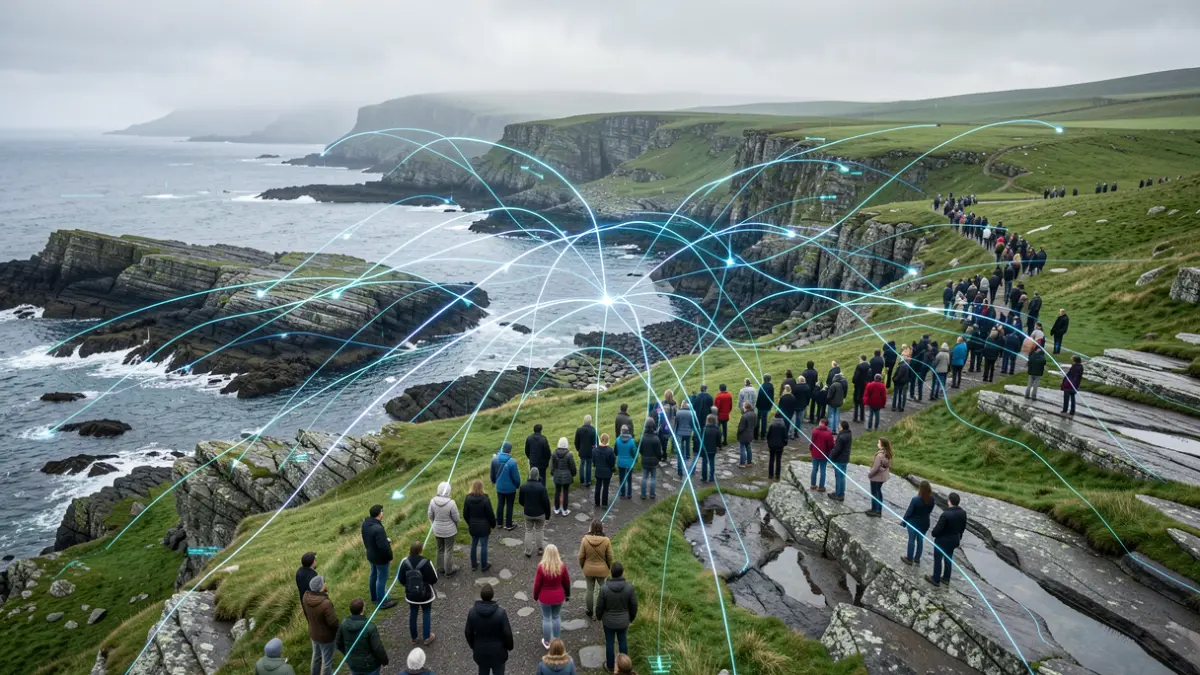 Imaxe xenérica de transformación dixital en Galicia con liñas de datos conectando texturas de granito e paisaxes verdes.
