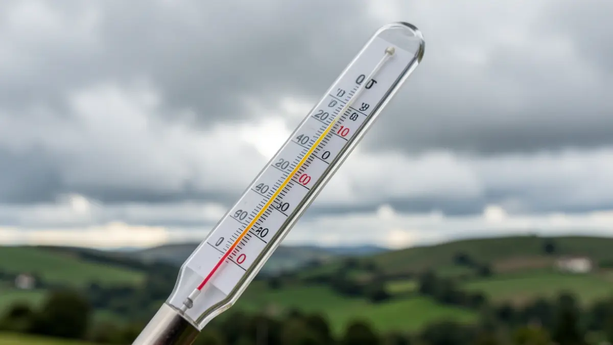 Imagen genérica de un termómetro con una bajada brusca de temperatura bajo un cielo nublado gallego.