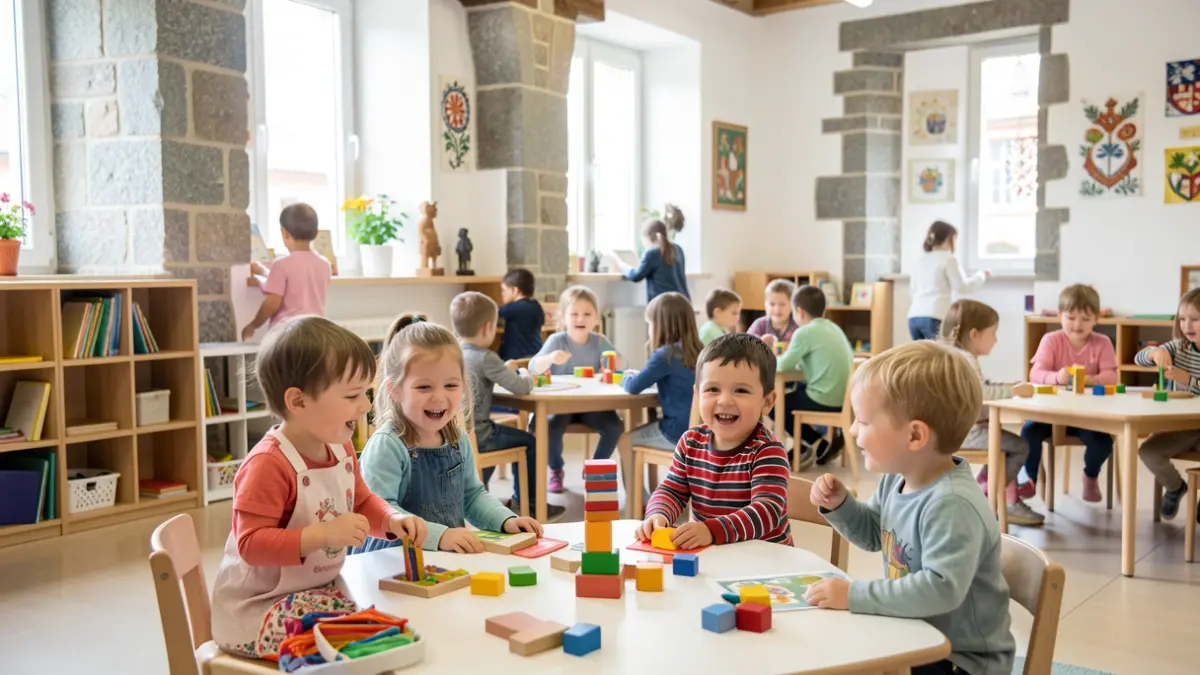 Imaxe xenérica de nenos e nenas de 0 a 3 anos xogando nunha aula moderna e luminosa.