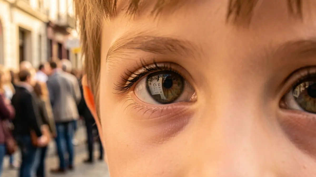 Primer plano de un ojo infantil con un sutil reflejo de una tabla de óptica, enfoque suave en el iris, luz ambiental cálida.