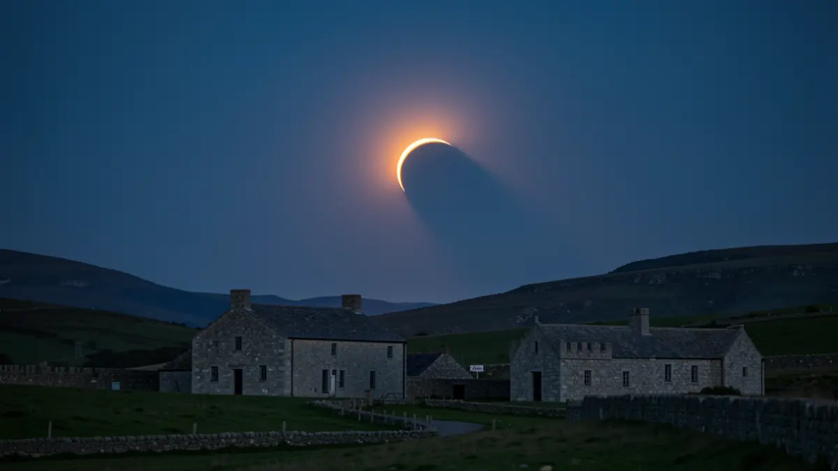 Imaxe dunha eclipse solar total sobre unha paisaxe galega con arquitectura de granito.