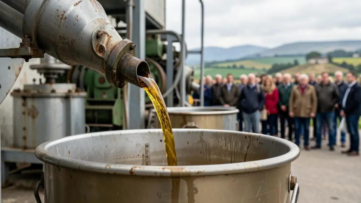 Imaxe xenérica de aceite industrial usado sendo vertido nun contedor.