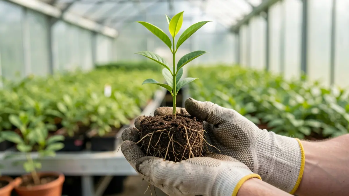 Planta forestal joven de alta calidad genética en un vivero.