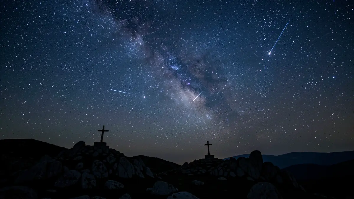 Imaxe xenérica dun ceo nocturno con moitas estrelas e unha choiva de meteoros sobre unha paisaxe galega con cruceiros.