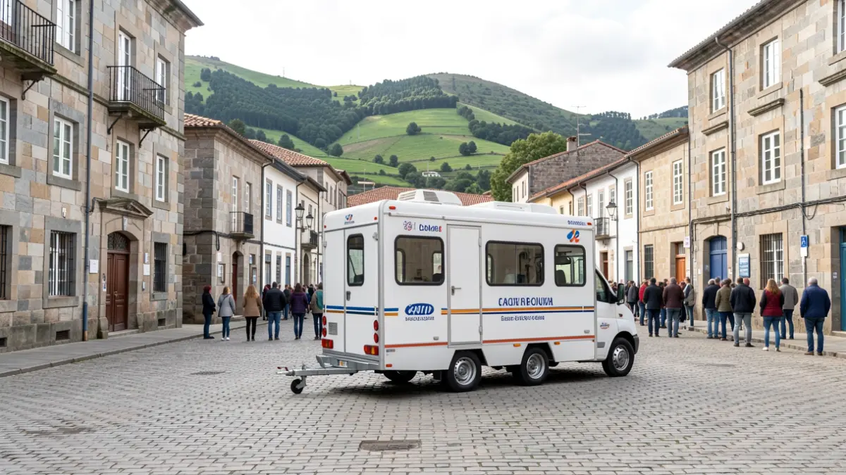 Unidad móvil de donación de sangre en una plaza de Galicia con arquitectura de granito.