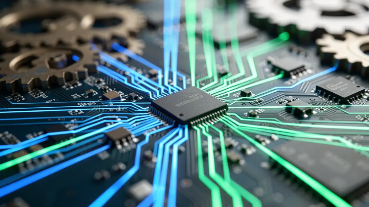 Imaxe xenérica de circuítos tecnolóxicos e fluxo de datos.