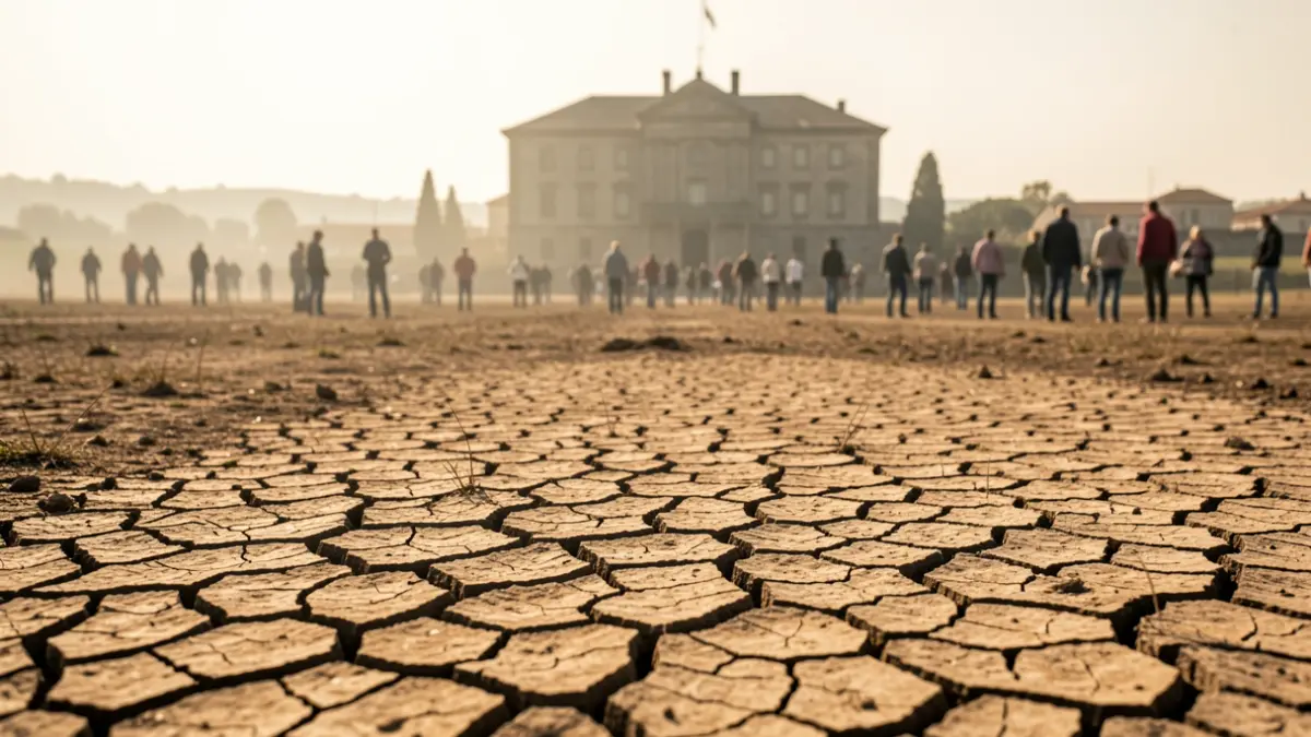 Imaxe xenérica de terra gretada en Galicia baixo un sol abrasador, cunha silueta borrosa dun edificio de granito ao fondo.