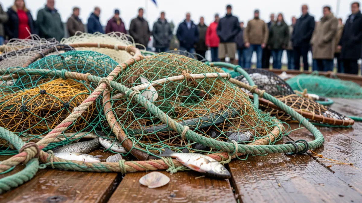 Imagen genérica de aparejos de pesca ilegales y marisco decomisado.