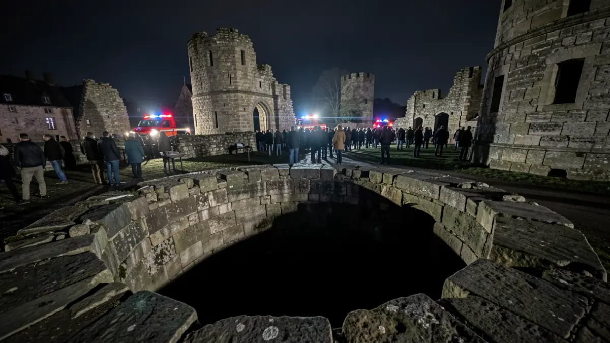 Imagen de una ruina de castillo de piedra con un foso oscuro y profundo en primer plano, bajo un cielo nocturno con luces de emergencia borrosas a lo lejos.
