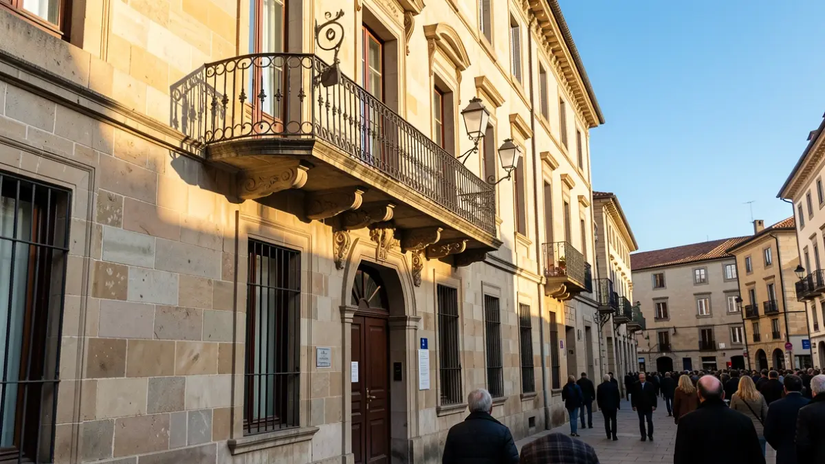 Fachada de piedra de un ayuntamiento gallego con balcón ornamentado y rejas de hierro, cálida luz solar de la tarde proyectando sombras sobre las paredes de arenisca, cielo azul.