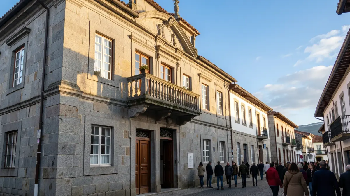 Imaxe xenérica dun concello galego de pedra con balcón e sol de tarde.