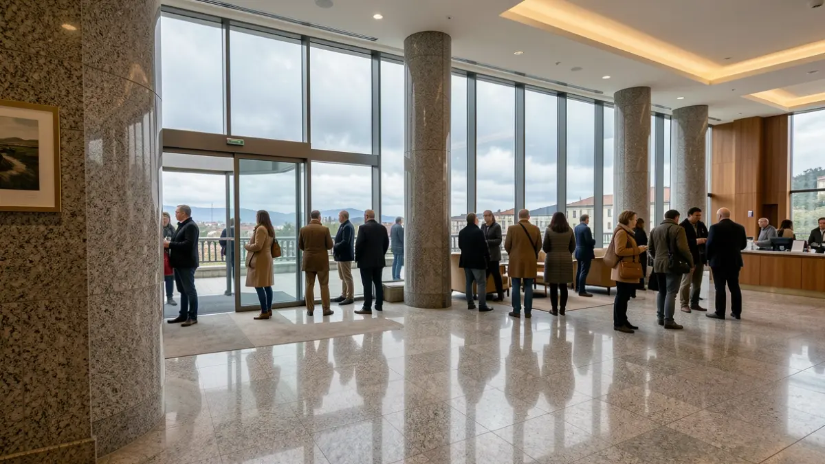 Imagen genérica de un lobby de hotel vacío con detalles de granito y ventanas que muestran un cielo gallego nublado.