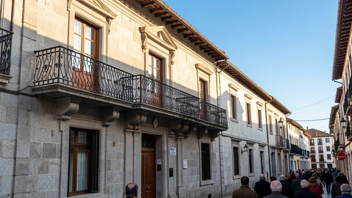 Imagen genérica de un ayuntamiento gallego de granito con balcón de hierro y luz solar.