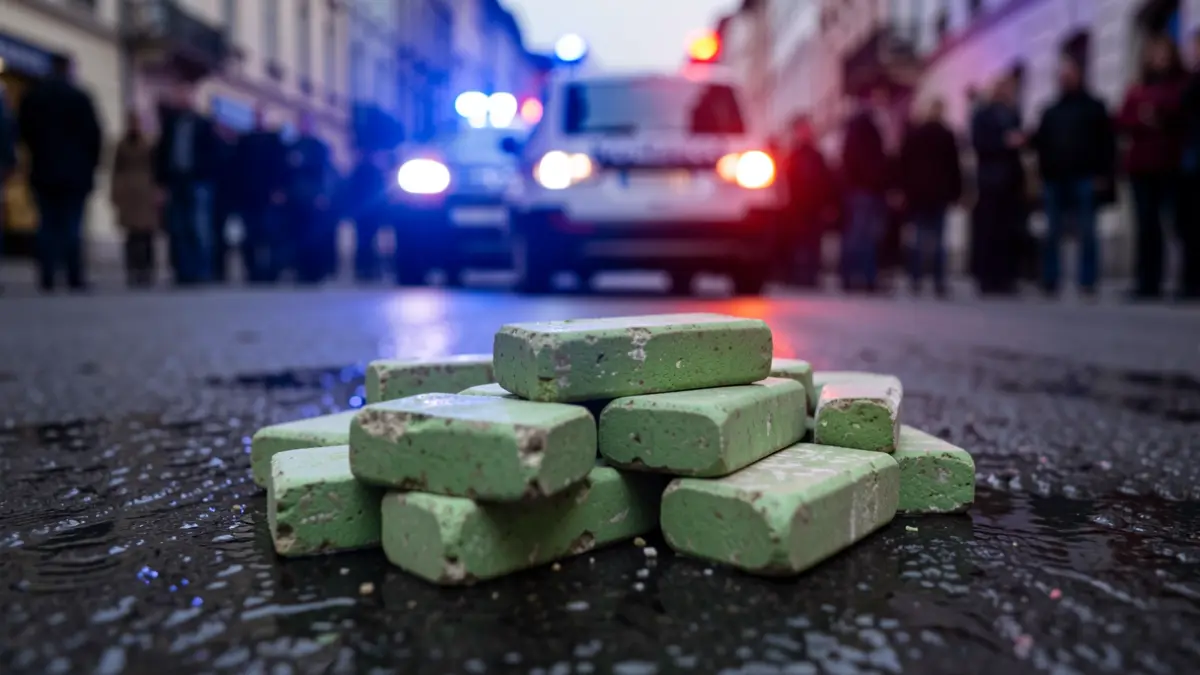Primer plano dun montón de ladrillos de cocaína con luces de emerxencia policiais borrosas ao fondo.