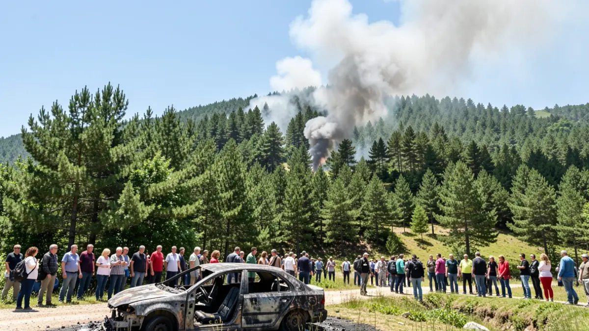Imaxe dun coche calcinado nunha zona forestal de Galicia.