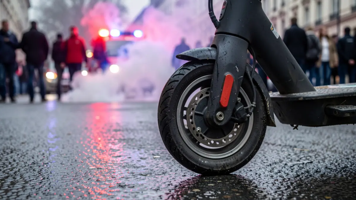 Primeira plana dun patinete eléctrico danado cun lume de fondo e luces de emerxencia.