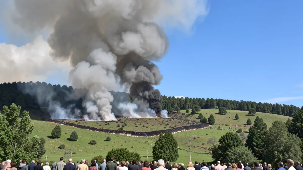 Imaxe xenérica de lume forestal con fume gris sobre unha ladeira verde galega.