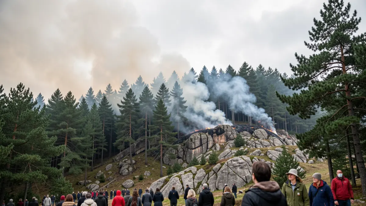 Imagen genérica de incendio forestal en Galicia con humo sobre pinos y rocas de granito.