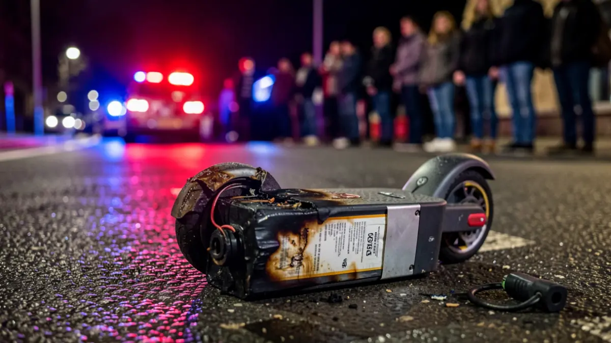 Primer plano de una batería de patinete eléctrico dañada y quemada sobre asfalto mojado por la noche, con luces de emergencia borrosas.
