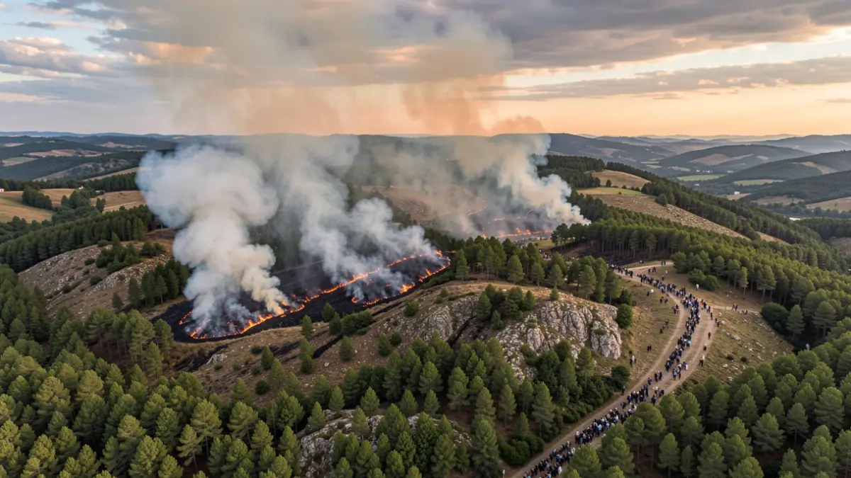Imagen genérica de incendio forestal en Galicia con humo y llamas.