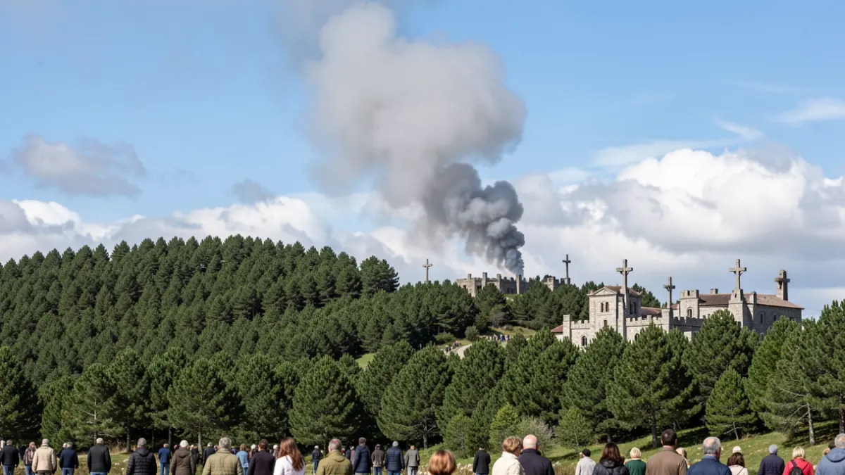 Imaxe xenérica de fume dun incendio forestal sobre un monte galego con arquitectura de granito.