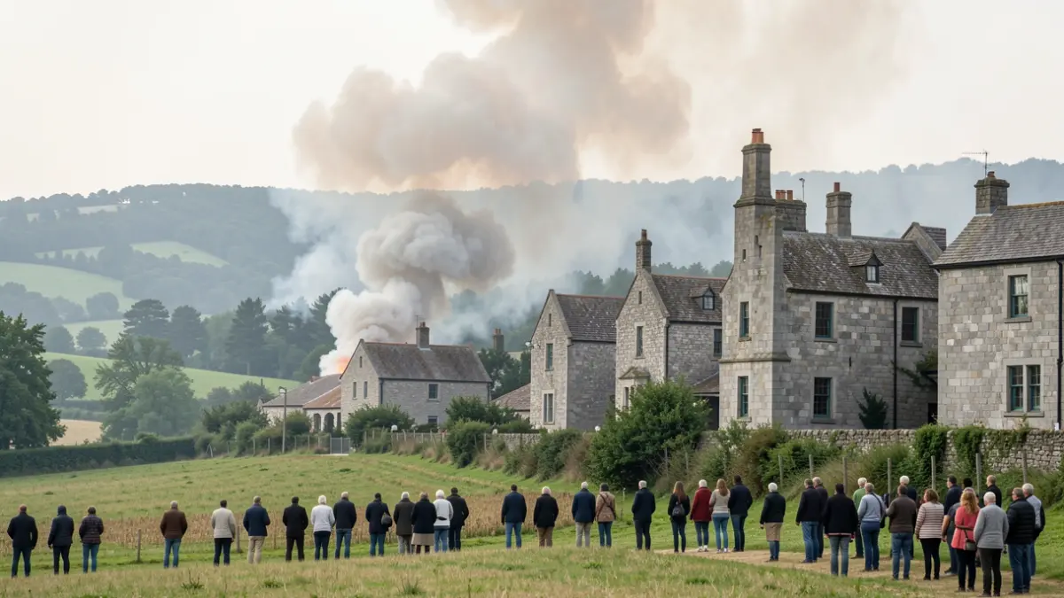 Imagen genérica de humo de un incendio forestal en un paisaje gallego con arquitectura de granito.