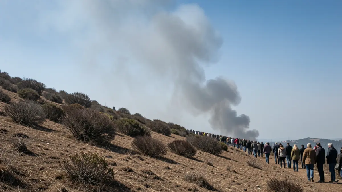Imagen genérica de una zona de matorral seco en una ladera gallega, con una columna de humo gris en el cielo nublado.