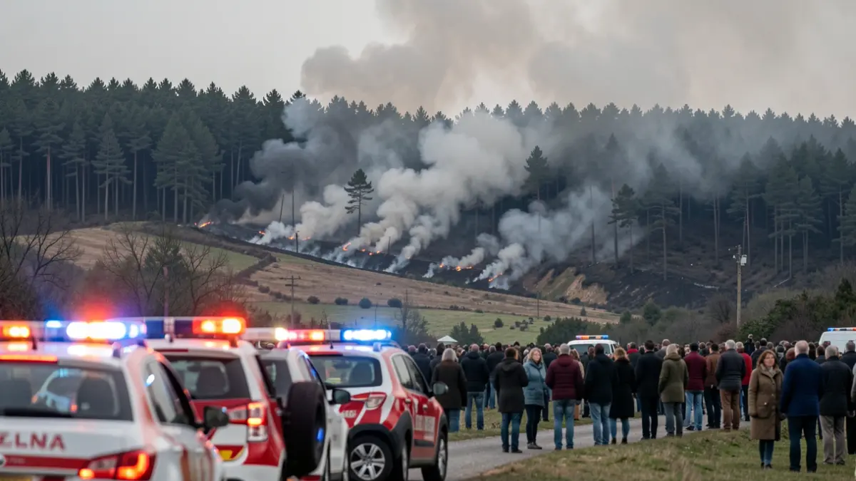 Imagen genérica de lucha contra un incendio forestal en Galicia, con humo y vehículos de emergencia.