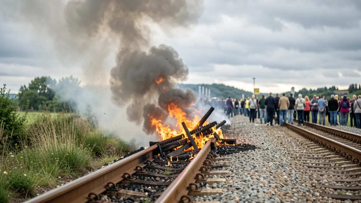 Imagen de un terraplén de vía de tren en Galicia en llamas, con humo ascendiendo hacia un cielo nublado.