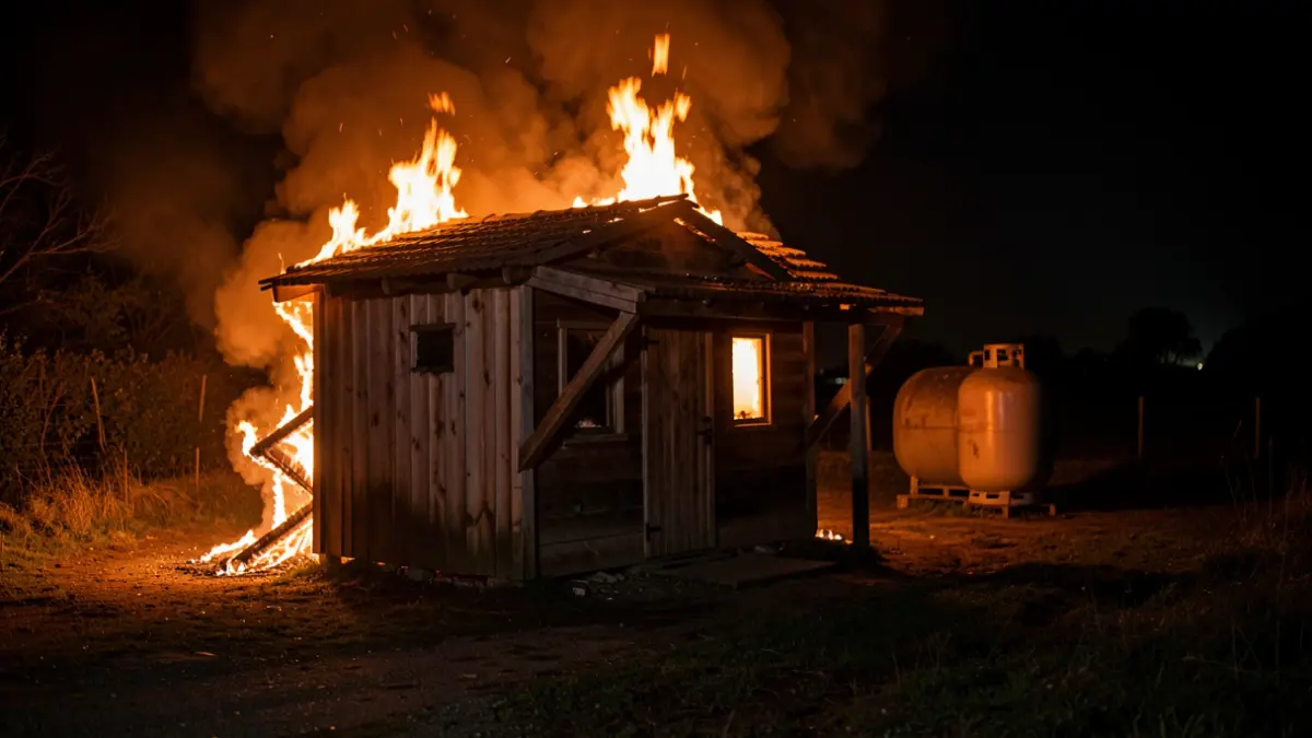 Imagen de un cobertizo en llamas por la noche, con un depósito de gas en las proximidades.