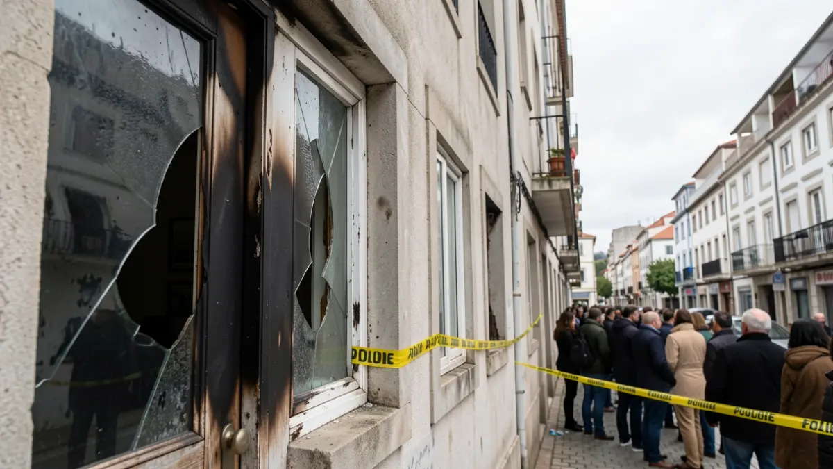 Imaxe dun portal queimado e fiestras rotas nun edificio de vivendas na Coruña.