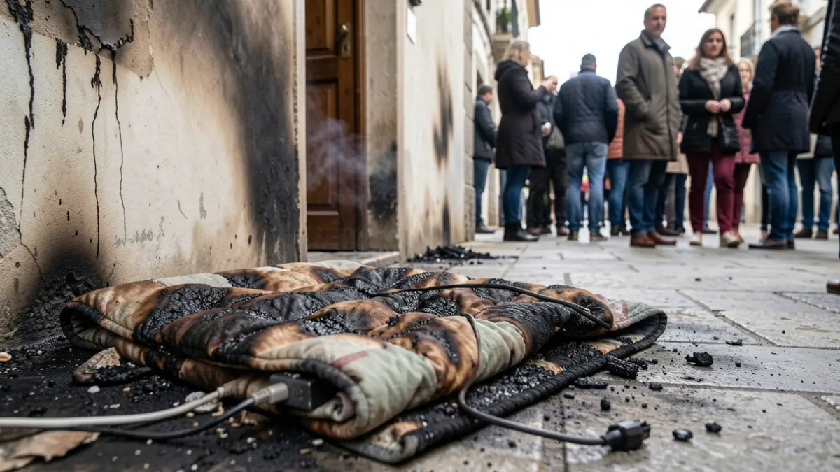 Imaxe dunha manta eléctrica queimada nun piso afectado por un incendio en Ribadeo.