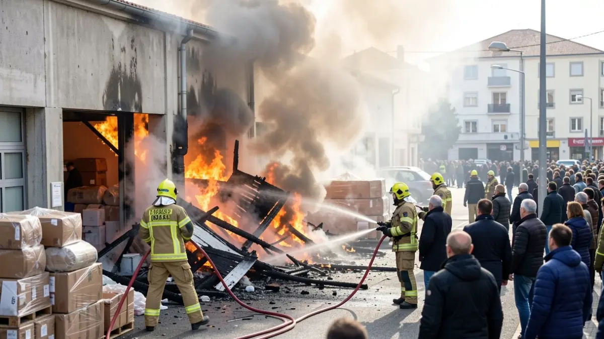 Imagen genérica de bomberos extinguiendo un incendio en una nave industrial.